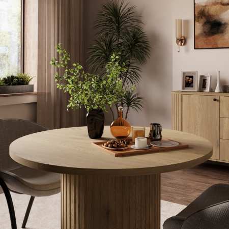 Stół okrągły rozkładany 100 cm dąb cremona frezowana podstawa OLIVO